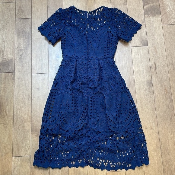 Anthropologie ERI + ALI Lattice Lace Navy Blue Fit N’ Flare Dress shortsleeve XS - Picture 16 of 16